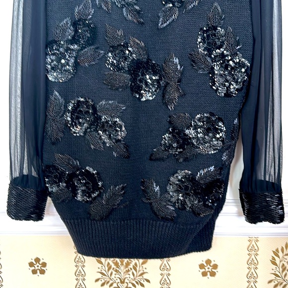 Vintage Bonnie Boerer S 80’s Black Appliqué 3D Sequins Bugle Beaded Sweater - Picture 3 of 16